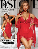 RSLOVE Women Sexy Lingerie Set 3 Piece Babydoll & Lace Kimono Robe Strap Chemise Mesh Nightgown Wine Red M