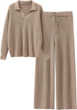 ANRABESS Women Two Piece Outfits Sweater Sets Lounge Waffle Knit Pullover Matching Wide Leg Pants Tracksuit 2025 Fall Fashion
