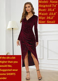 V Neck Long Sleeve Velvet Bodycon Midi Dress Glitter Ruched Formal Cocktail Party Dresses