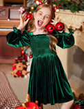 Arshiner Toddler Velvet Dress Girls Smocked Square Neck Puff Long Sleeve Party Dresses with Pockets 3-8Y