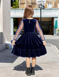 Arshiner Girls Dresses Contrast Mesh Velvet Long Sleeve A-Line Vintage Party Dress with Pockets