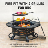 7DAY'S 36/42/47 Inch Fire Pit with 2 Cooking Grates, Outdoor Wood Burning BBQ Grill Firepit Bowl with Cover Lid, Steel Round Table for Backyard Bonfire Patio Picnic