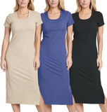 Real Essentials 3 Pack: Women's Ribbed Jersey Crew Neck Short Sleeve Midi Length Dress with Side Slit