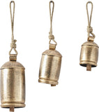 Deco 79 Gold Metal Tibetan Inspired Decorative Giant XL Cow Bells with Jute Hanging Rope, Set of 3 10",8",6"H - Cylindrical