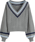 CIDER Cable Knit Sweater Women V Neck Long Sleeve Pullover Striped Trim Regular Fit Knit Top Fall Sweaters