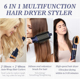 6-in-1 Hair Dryer Brush & Curling Iron Set, Hot Air Styler Hair Curler for Fast Drying, Smoothing & Volumizing, No Heat Damage, Professional Blowout Tool with Travel Case - Prussian Blue
