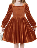 Arshiner Toddler Velvet Dress Girls Smocked Square Neck Puff Long Sleeve Party Dresses with Pockets 3-8Y
