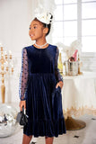 Arshiner Girls Dresses Contrast Mesh Velvet Long Sleeve A-Line Vintage Party Dress with Pockets