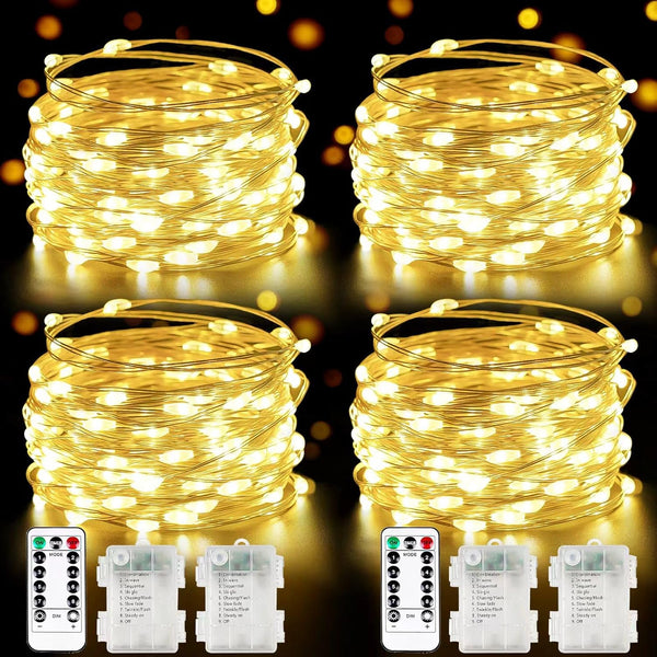 4 Pack 100 LED Fairy Lights Battery Operated with Remote, 33FT Waterproof Twinkle Lights with Timer & 8 Modes, Fairy String Light Outdoor Indoor for Bedroom Classroom DIY Christmas Decor (Warm White)
