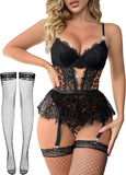 Women Lingerie Set Naughty Lace Bodysuit High Waisted Underwire Lingerie Babydoll With Garter Belt and Stockings