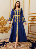 Middle Eastern Modest Maxi Dress - Muslim Moroccan Kaftan Abaya for Women Gold Embroidered Eid Dress Islamic Traditional Wear
