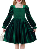 Arshiner Toddler Velvet Dress Girls Smocked Square Neck Puff Long Sleeve Party Dresses with Pockets 3-8Y