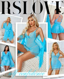 RSLOVE Women Sexy Lingerie Set 3 Piece Babydoll & Lace Kimono Robe Strap Chemise Mesh Nightgown Wine Red M