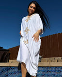 Bsubseach Gold Embroidery Long Kaftan Dresses V Neck Caftan Dress Beach Cover Ups for Women Embroidery