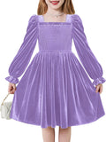 Arshiner Toddler Velvet Dress Girls Smocked Square Neck Puff Long Sleeve Party Dresses with Pockets 3-8Y