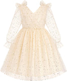 IMEKIS Toddler Kids Girls Tulle Dress Floral Embroidery Sparkly Wedding Party Long Sleeve Fall Photo Shoot Outfit 2-8T