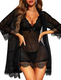 RSLOVE Women Sexy Lingerie Set 3 Piece Babydoll & Lace Kimono Robe Strap Chemise Mesh Nightgown Wine Red M