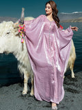 Elegant Butterfly Shine Abaya Dress, Dusty Rose, V-Neck Muslim Dress with Crystal Hand Beading, Kaftan Style, One-Size