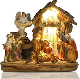 Bshine Nativity Scene Set Christmas Decor, Wooden Stable with LED Lights 12.4x9.05 Holy Family with Manger Baby Jesus Figurine, Nativity Scene Indoor Decor Home Desktop Collectible Ornaments