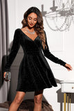 Sexyasasii Womens Wrap V Neck Long Sleeve Velvet Glitter A Line Cocktail Party Swing Fit and Flare Skater Mini Dress