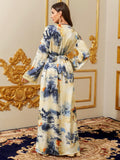Abaya for Women Floral Embroidered Muslim Dress V-Neck Arabian Maxi Robe