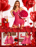RSLOVE Women Sexy Lingerie Set 3 Piece Babydoll & Lace Kimono Robe Strap Chemise Mesh Nightgown Wine Red M