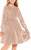 Arshiner Girls Long Sleeve Dress Velvet Crew Neck Midi Fall Vintage Plain Dress for Kids 4-13Y