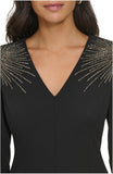 Calvin Klein Womens Long Sleeve V-Neck Embellished Shoulder Scuba Sheath Dress