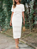 Tankaneo Womens Crochet Cover Up 2 Piece Skirt Sets Short Sleeve Knit Top Midi Skirt Vacation Travel Outfits