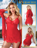RSLOVE Women Sexy Lingerie Set 3 Piece Babydoll & Lace Kimono Robe Strap Chemise Mesh Nightgown Wine Red M