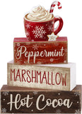 4 Pcs Christmas Table Decor Wooden Hot Cocoa Decoration Christmas Centerpiece Winter Tiered Tray Decor Decorative Red Hot Cocoa Block Signs Gift Farmhouse Xmas Decoration for Home Kitchen