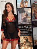 RSLOVE Women Sexy Lingerie Set 3 Piece Babydoll & Lace Kimono Robe Strap Chemise Mesh Nightgown Wine Red M