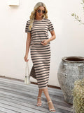 ANRABESS Womens 2 Piece Outfits Striped Sweater Skirt Sets 2025 Summer Casual Short Sleeve Pullover Tops Travel Midi Dress
