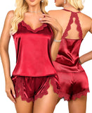 RSLOVE Women Pajama Set Sleepwear - Satin Pajamas Silk V Neck Cami and Shorts Pjs 2 Piece Womens Sexy Lace Lounge Nightwear