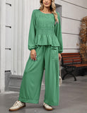 Womens 2-Piece Boho Long Sleeve Smocked Top & Wide Leg Pants Set Casual Lounge Outfit with Pockets