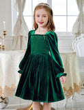 Arshiner Toddler Velvet Dress Girls Smocked Square Neck Puff Long Sleeve Party Dresses with Pockets 3-8Y