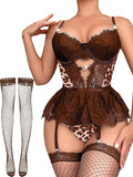 Women Lingerie Set Naughty Lace Bodysuit High Waisted Underwire Lingerie Babydoll With Garter Belt and Stockings