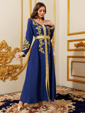 Middle Eastern Modest Maxi Dress - Muslim Moroccan Kaftan Abaya for Women Gold Embroidered Eid Dress Islamic Traditional Wear