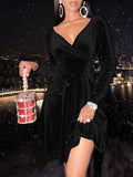 Sexyasasii Womens Wrap V Neck Long Sleeve Velvet Glitter A Line Cocktail Party Swing Fit and Flare Skater Mini Dress