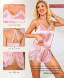 RSLOVE Women Pajama Set Sleepwear - Satin Pajamas Silk V Neck Cami and Shorts Pjs 2 Piece Womens Sexy Lace Lounge Nightwear