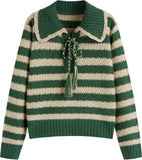 CIDER Striped Sweaters for Women Collar Knit Long Sleeve Knotted Loose Fit Pullover Winter Sweater Fall Tops