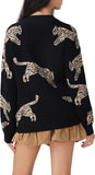 CIDER Womens Leopard Crew Neck Long Sleeve Boho Knit Sweater Casual Pullover Fall Sweater