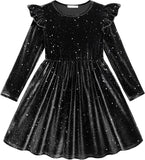 Arshiner Toddler Velvet Dress Little Girls Fall Winter Long Sleeve Ruffle Holiday Birthday Party Dresses with Pockets