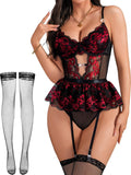Women Lingerie Set Naughty Lace Bodysuit High Waisted Underwire Lingerie Babydoll With Garter Belt and Stockings