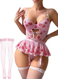 Women Lingerie Set Naughty Lace Bodysuit High Waisted Underwire Lingerie Babydoll With Garter Belt and Stockings