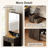 Makeup Vanity Desk with Mirror and Lights,Small Vanity Desk Set with Charging Station & Glass Top,Compact Dressing Table with Jewelry Cabinet & Storage Wheel Stool for Bedroom, Rustic Brown