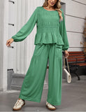 Womens 2-Piece Boho Long Sleeve Smocked Top & Wide Leg Pants Set Casual Lounge Outfit with Pockets
