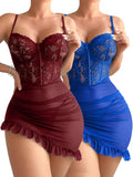 Sexy Corset Bodycon Ruffle Sheer Underwire Mesh Lace Floral Outfits Babydoll Lingerie Set Dress with Thong 2 Piece
