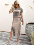 ANRABESS Womens 2 Piece Outfits Striped Sweater Skirt Sets 2025 Summer Casual Short Sleeve Pullover Tops Travel Midi Dress