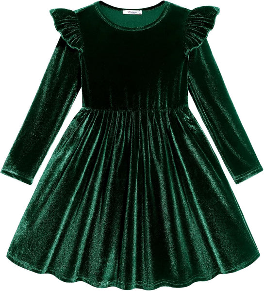 Arshiner Toddler Velvet Dress Little Girls Fall Winter Long Sleeve Ruffle Holiday Birthday Party Dresses with Pockets